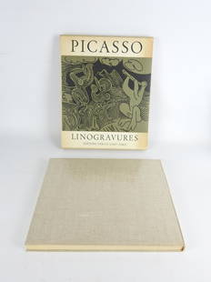 PICASSO: Pablo PICASSO. Linogravures. PrÃ©face de Wilhelm BOECK. Ã‰ditions du Cercle dâ€™Art, Paris, 1962. 45 planches. In-folio oblong, 32.5 x 39 cm. Toile grise d'Ã©dition imprimÃ©e en rouge,