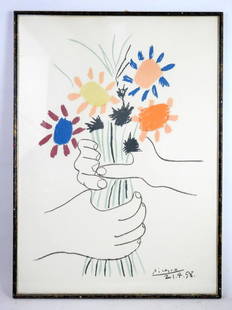 PICASSO: Pablo PICASSO (1881 - 1973) d'aprÃ¨s :Mains et bouquet. 21. 4. 58.Estampe en couleurs, date et signature dans la planche. Infimes rousseurs.Dimension feuillet : 63 x 446 cm.