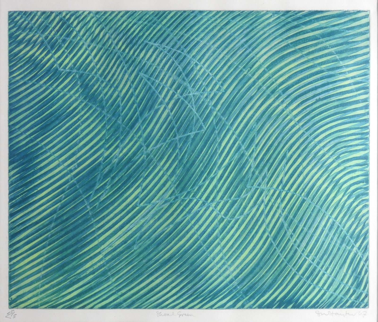 Stanley William HAYTER (1901-1988): Stanley William HAYTER (1901-1988) : Shoal green. Gravure en couleurs. SignÃ©, datÃ© 67, titrÃ© et numÃ©rotÃ© 5/5. 43 x 49 cm. Dimensions avec le cadre 67 x 67 cm. Provenance: successions Jo