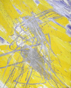 Stanley William HAYTER (1901-1988): Stanley William HAYTER (1901-1988) attribuÃ© Ã ? Composition abstraite sur fond jaune. Toile. Non signÃ©e. 65 x 53 cm. Petit trou. Provenance: successions John et Alice Pole-Woods.