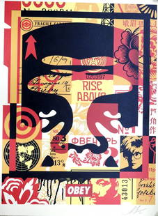 SHEPARD FAIREY: Shepard FAIREY (1970) dit ObeyRise Above, Rush et Station ministry of transitSuite de 3 serigraphies en couleursSigne en bas a droite et date 21 au graphite61 x 45.5 cm en feuille