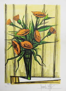 BERNARD BUFFET: Bernard BUFFET (1928 - 1999)Bouquet de fleurs sur fond jaune.Lithographies en couleurs.Justifiee "HC" et signee au graphite dans la marge.76 x 55,5 cm en feuille.Restaurations.