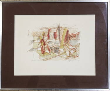 JACQUES VILLON (GASTON DUCHAMP, DIT): Jacques Villon (Gaston Duchamp, dit) (1875-1963)Composition dans les teintes vertes et brunesEpreuve d'artiste signee au graphite dans la marge30 x 40 cm a vueInfimes taches