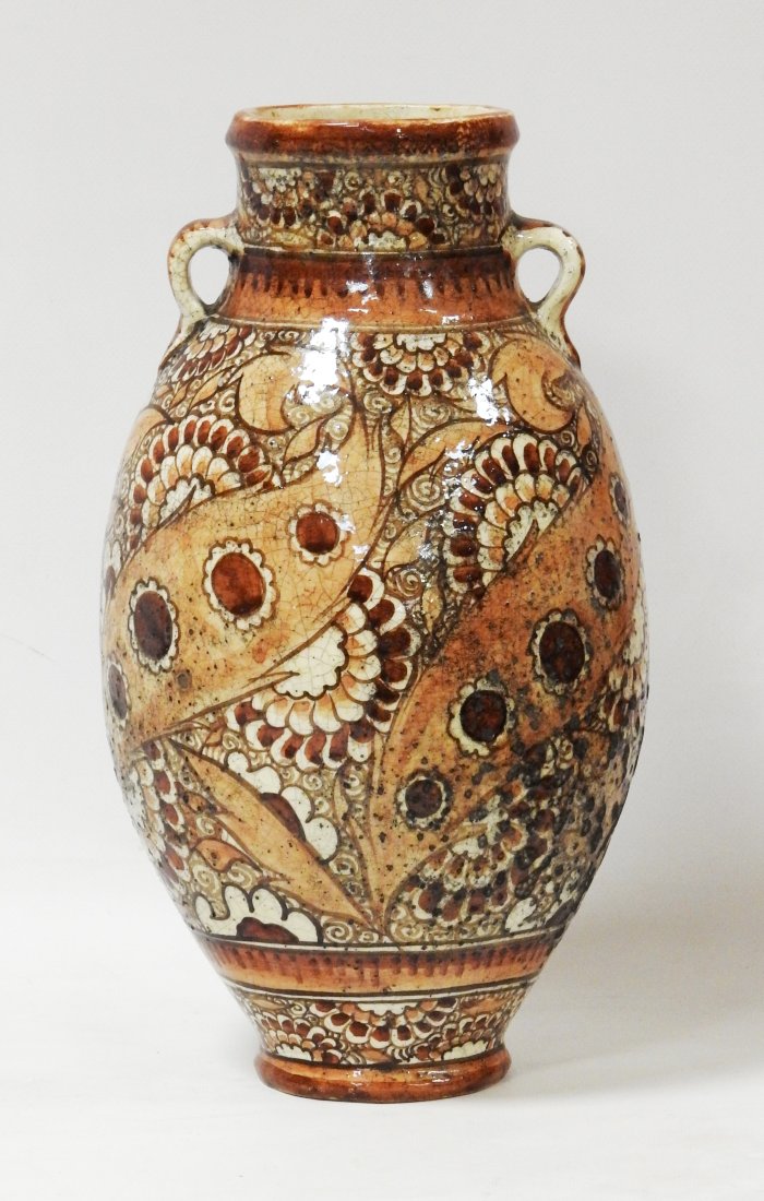 JEAN JACQUES LACHENAL: Jean Jacques LACHENAL (1891-1945)Grand vase en faience partiellement craquele de forme ovoide a deux anses detachees . Decor dans les camaieux de bruns proche du gout Iznik.Signe au reversH. : 39 cmPr
