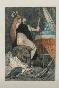 FELICIEN ROPS: FÃ©licien ROPS (1833-1898)La Petite sorciÃ¨re. Gravure en couleurs au repÃ©rage, gravÃ©e par Bertrand et Ã©ditÃ©e par Pellet Ã Paris (Exsteens, 867). Cachet GP de lâ€™Ã©diteur