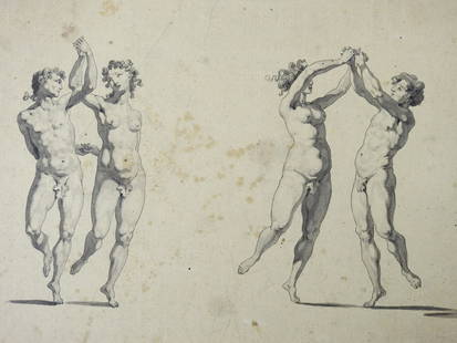 ECOLE FLORENTINE: Ecole FLORENTINE du XVIIÃ¨me siÃ¨cle, dans le style maniÃ©riste: Groupes de danseurs. Plume et lavis d'encre. 17 x 23 cm. Rousseurs, ancienne pliure. Provenance: collection particuliÃ¨re