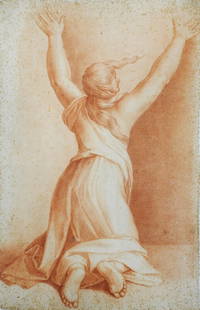 ECOLE FRANCAISE DEBUT XIXE: Ecole FRANCAISE du dÃ©but du XIXÃ¨me siÃ¨cle : Etude de femme de dos les bras levÃ©s. Sanguine. 41.5 x 27 cm (rousseurs). Provenance : collection particuliÃ¨re Tourangelle