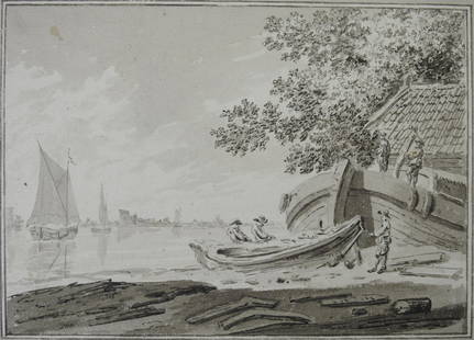 TAVENIER: Hendrick TAVENIER (1734-1807) : Marins prÃ©parant une barque. Lavis d'encre. SignÃ© Ã l'encre en bas Ã droite, contresignÃ© et datÃ© 1774 au dos. 11.7 x 16.3 cm. Dim (feuille) : 23 x