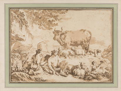 Ecole FRANCAISE du XVIIIÃ¨me siÃ¨cle: Ecole FRANCAISE du XVIIIÃ¨me siÃ¨cle : Pan endormie entourÃ© d'un taureau, de moutons et d'une musicienne. Lavis d'encre. 35 x 47 cm. Piqures.