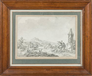 ECOLE HOLLANDAISE DU XIXEME SIECLE: Ecole HOLLANDAISE du XIXÃ¨me siÃ¨cle: ScÃ¨ne de personnages marchant sur fond de paysage. Lavis d'encre. 26 x 37 cm. EncadrÃ© sous verre.