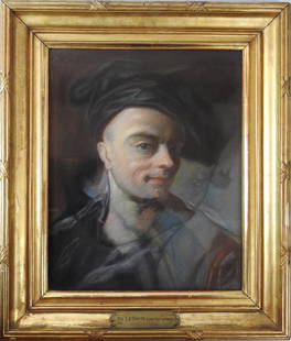 ECOLE FRANCAISE DU XIXEME SIECLE: Ecole FRANCAISE du XIXÃ¨me siÃ¨cle d'aprÃ¨s Maurice-Quentin DE LA TOUR : Autoportrait. Pastel. H: 40 - L: 32 cm. Inscriptions au dos. Il s'agit de la reprise de l'oeuvre "Autoportrait nÂ°68"