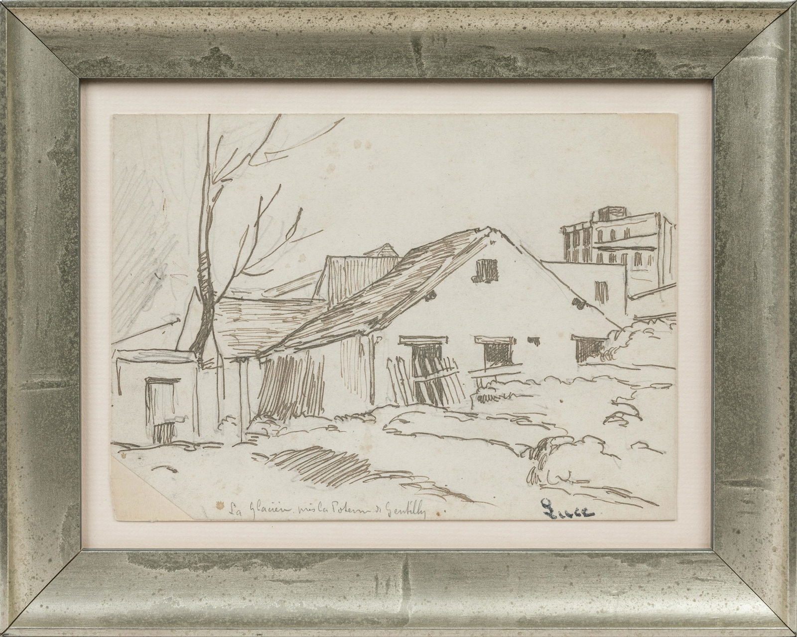 MAXIMILIEN LUCE: Maximilien LUCE (1858-1941) : La glaciÃ¨re, prÃ¨s la Poterne de Gentilly. Encre brune. Cachet de la signature et titrÃ© en bas.15 x 20 cm. Rousseurs