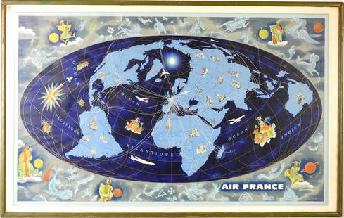 BOUCHER: Lucien BOUCHER (1889-1971) Air France Constellation Bleu nuit Planisphere. 1962. Imprimerie.Perceval, Paris. 69 x 100 cm a vue (encadre sous verre)Provenance ancien commandant de bord chez Air France