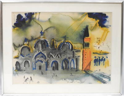 DALI: Salvador DALI (1904-1989) d'apres La Place Saint Marc a Venise . Lithographie en couleur sur papier signee et datee 1974 dans la planche. 56 x 78 cm a vue