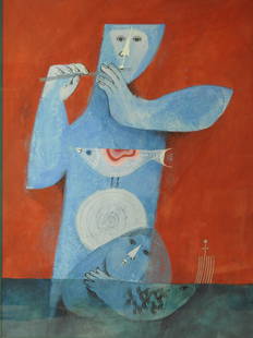 BRISS: Sami BRISS [franco-israelien] (ne en 1930) Le Joueur de flÃ»te. Gouache. Signe en bas a droite. 63 x 47 cm. Provenance galerie Romanet, quai de Seine a Paris.