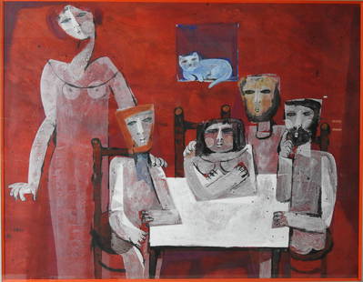 BRISS: Sami BRISS [franco-israelien] (ne en 1930) La famille attablee. Gouache. Signe en bas a gauche. 50 x 64 cm