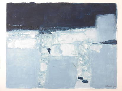 ALIOTTI: Claude ALIOTTI (1925 - 1989) La ville. Composition abstraite dans les teintes bleue et noire. Gouache. Signe et date 1985, titre au dos. 27.5 x 35 cm. Contrecolle sur carton. 60 x 80 cm (accidents