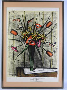 BUFFET: Bernard BUFFET (1928-1999) : Anemones et tulipes. Lithographie. Signe. NÂ°135/150. Certificat d'authenticite Galerie Artco du 26/03/1984. 66 x 50 cm