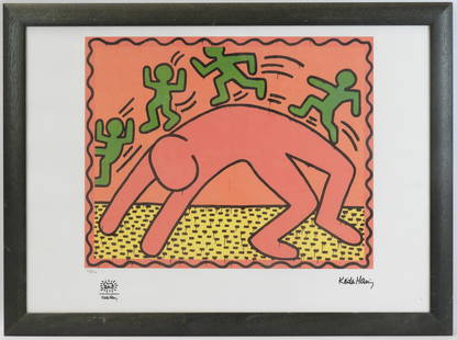 HARING: Keith HARING (1958-1990) d'apres : Sans titre. Serigraphie en couleurs signee dans la planche, porte le cachet de The Keith Haring Estate. Numerotee 20/150. 49 x 69 cm Ã vue