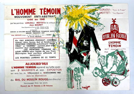 LORJOU: Bernard LORJOU, Yvonne MOTTET, Jean BOURET : L'Homme temoin. Mouvement anti-abstrait, 3e manifeste. Affiche -et violente diatribe- publiee Ã l'occasion de l'exposition l'Homme temoin et la