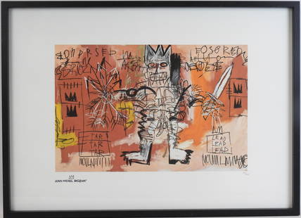 BASQUIAT: Jean Michel BASQUIAT (1960- 1988) d'apres : Sans titre. Serigraphie en couleurs numerotee 91/100. Dimensions de la feuille: 70 x 50 cm. Tampon sec de l'editeur en bas Ã droite: Rupert Jasen Smith.