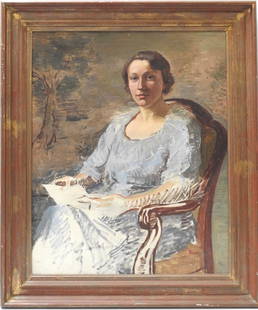 PERKINS: Philip PERKINS (1907 - 1970), peintre americain : Portrait d une femme assise sur un fauteuil. Huile sur toile. Periode parisienne, vers 1935. Dim. 99 x 81 cm