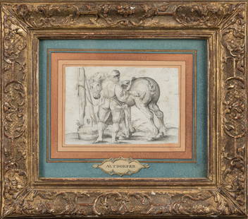 Ecole ALLEMANDE vers 1600, dâ€™apres une gravure La toilette du cheval Plume et encre de chine,: Ecole ALLEMANDE vers 1600, dâ€™apres une gravureLa toilette du chevalPlume et encre de chine, lavis gris9,3 x 13,5 cm (etiquette au dos).RousseursExpert : : cabinet de Bayser