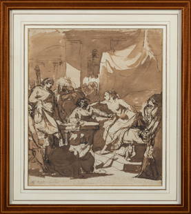 Ecole ITALIENNE du XVIIIeme siecle : Scene de lâ€™histoire ancienne Plume et encre brune, lavis brun: Ecole ITALIENNE du XVIIIeme siecle : Scene de lâ€™histoire anciennePlume et encre brune, lavis brun sur esquisse a la pierre noire38 x 32 cmProvenance : collection Santo Varni (Genes XVIIIe),