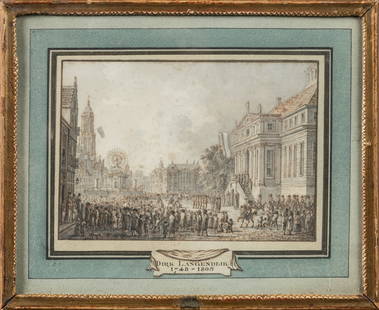 Dirk LANGENDYK (Rotterdam, 1748-1805): Proclamation de la paix. Lavis dâ€™encre signe en bas a: Dirk LANGENDYK (Rotterdam, 1748-1805): Proclamation de la paix. Lavis dâ€™encre signe en bas a droite. Date 1796. 12,5 x 18 cm (mouillures)