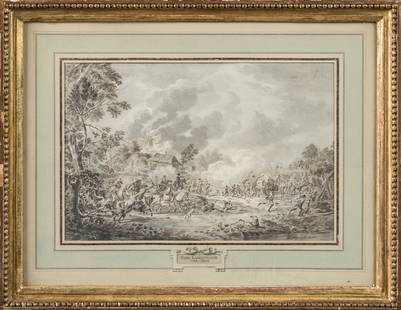 Dirk LANGENDYK (Rotterdam, 1748-1805): Scene de bataille. Lavis dâ€™encre signe en bas a droite.: Dirk LANGENDYK (Rotterdam, 1748-1805): Scene de bataille. Lavis dâ€™encre signe en bas a droite. 17,5 x 27 cm