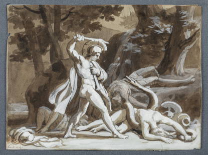 FranÃ§ois-Edouard PICOT (1786-1868) : Scene mythologique. Lavis dâ€™encre et rehauts a la craie: FranÃ§ois-Edouard PICOT (1786-1868) : Scene mythologique. Lavis dâ€™encre et rehauts a la craie blanche signe en bas a gauche et date 1823. 13,5 x 17 cm. Cadre a palmettes en bois et stuc