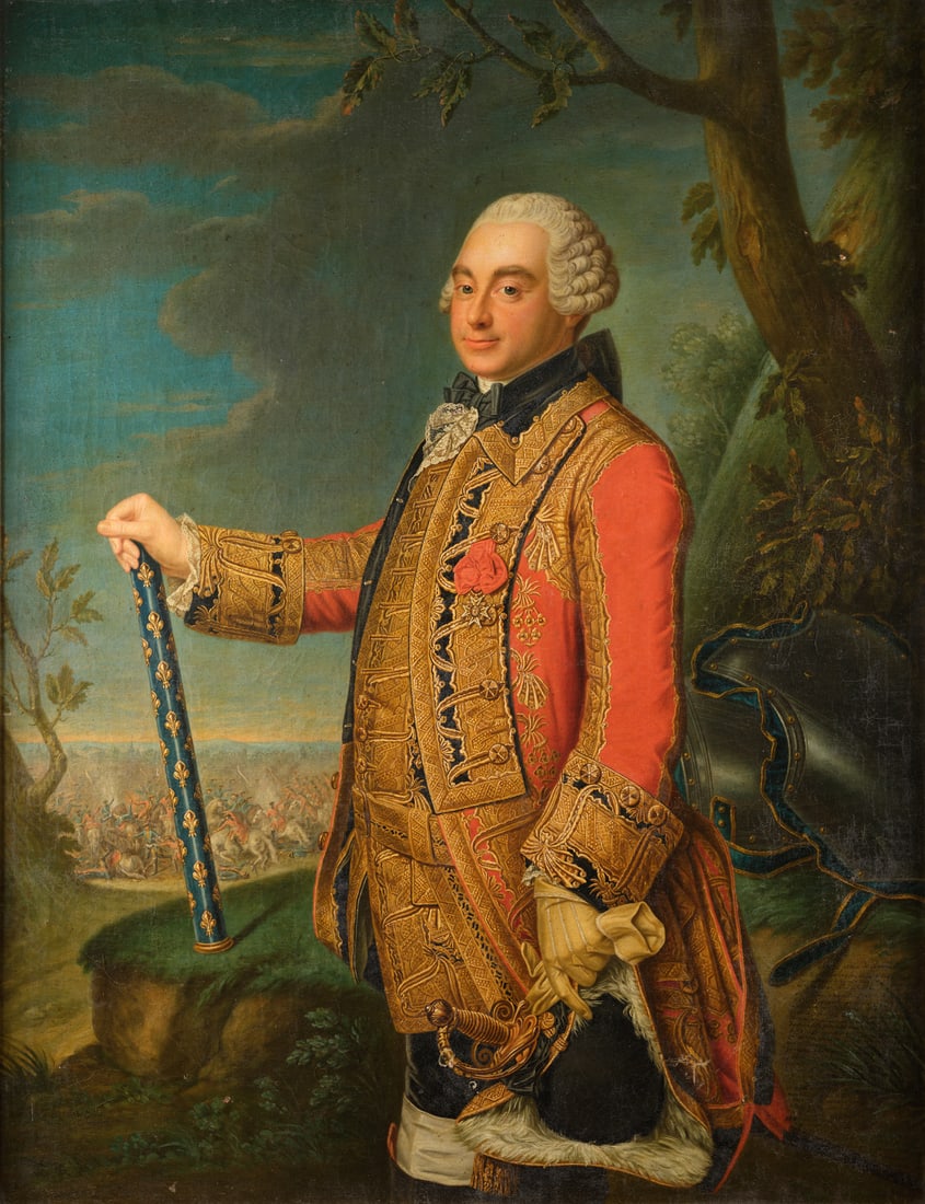 Attribue a Johann Heinrich TISCHBEIN (1722-1789) : Portrait de Charles de Rohan Soubise: Attribue a Johann Heinrich TISCHBEIN (1722-1789) : Portrait de Charles de Rohan Soubise (1715-1787), Marechal de France. Toile.Hauteur : 141,5 cm - Largeur : 108 cm.Longue inscription en bas a droite