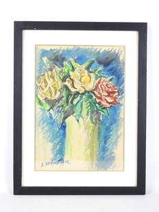 Emile Othon FRIESZ (1879-1949) : Vase de roses. Aquarelle. Signé en bas à gauche.31 x 22 cm Avec: Emile Othon FRIESZ (1879-1949) : Vase de roses. Aquarelle. Signé en bas à gauche.31 x 22 cmAvec facture d'achat