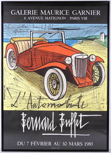 Affiche d'exposition Bernard Buffet L'automobile, galerie Maurice Garnier, 6 avenue de Matignon,: Affiche d'exposition Bernard Buffet L'automobile, galerie Maurice Garnier, 6 avenue de Matignon, Paris VIII, 7 février-30 mars 1985, Mourlot imprimeur. Envoi "affectueusement à Lilly" au feutre. 68