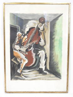 Ossip ZADKINE (1890-1967) : le violoncelliste. Lithographie. Epreuve numéroté 3/300 en bas à: Ossip ZADKINE (1890-1967) : le violoncelliste. Lithographie. Epreuve numéroté 3/300 en bas à droite. Cachet d'atelier en bas à droite. 76 x 54cm.