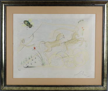 Salvador DALI (1904-1989) d'après : Le coche et la mouche du Bestiaire de la fontaine Dalinisée.: Salvador DALI (1904-1989) d'après : Le coche et la mouche du Bestiaire de la fontaine Dalinisée. Gravure en couleurs. Epreuve n° 79/250. Signé au graphite. Editeur Artco France. Dim : 40 x 60