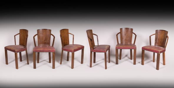 Pierre CHAREAU (1883-1950) Rare suite de huit chaises modernistes modèle « MF 275 » en placage et