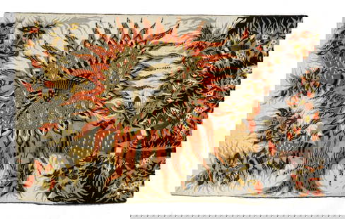 Michèle RAY (1890-1976) à Aubusson pour les Ateliers Robert Four : Aube. Tissage en laine: Michèle RAY (1890-1976) à Aubusson pour les Ateliers Robert Four : Aube. Tissage en laine jacquard. Signé en bas dans le décor. Etiquette au revers, partiellement effacée. Tirage limité à 200 e