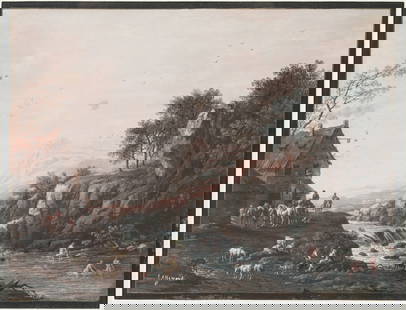 Jean-Baptiste LALLEMAND (1716-1803) : La halte des cavaliers. Gouache signee en bas a gauche. 17.5 x: Jean-Baptiste LALLEMAND (1716-1803) : La halte des cavaliers. Gouache signee en bas a gauche. 17.5 x 32.5 cm. Cadre : 37.5 x 42.5 cm. Petite tache au centre du ciel.