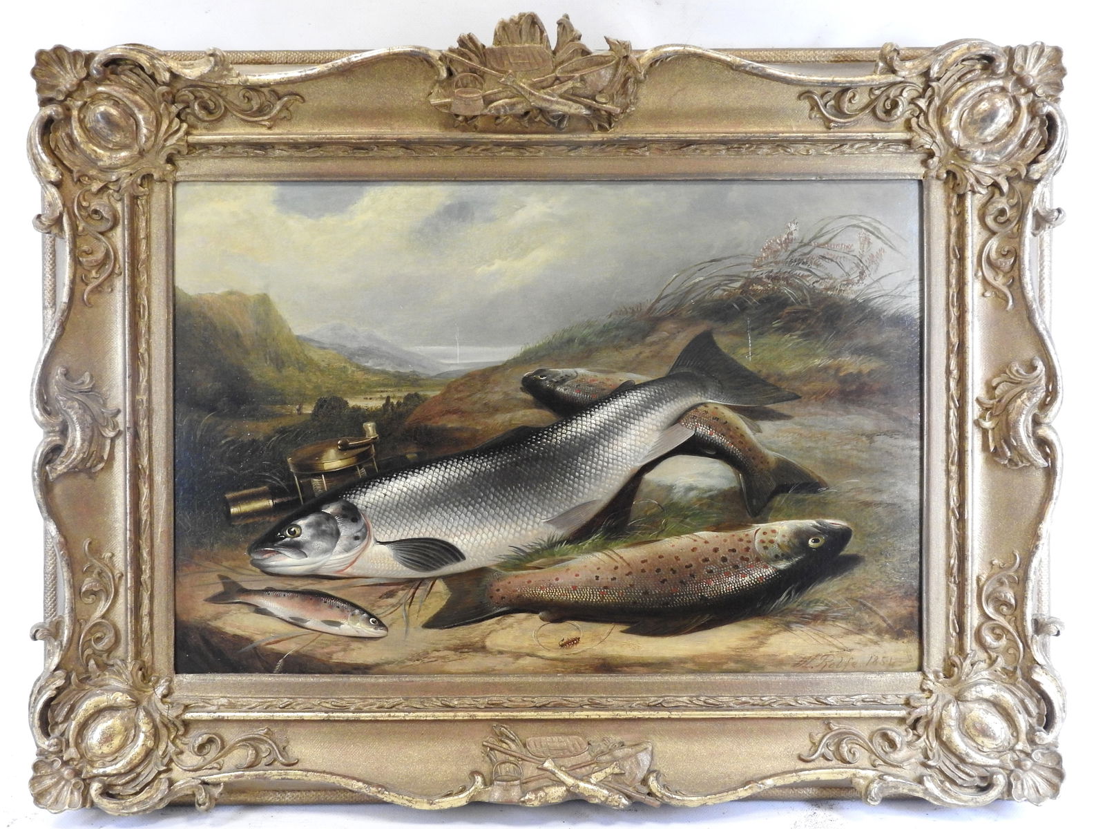 Henry Leonidas ROLFE (1824-1881) : Nature morte aux saumons sur fond de paysage lacustre. Huile sur (1 of 11)