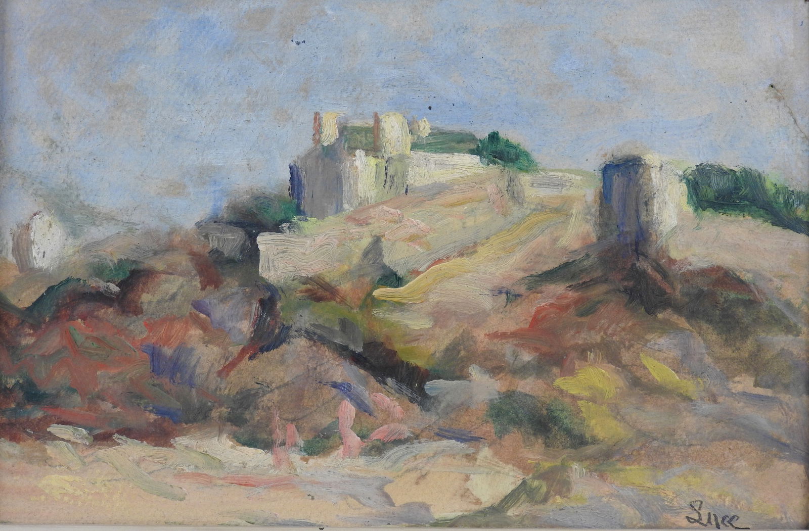 Maximilien LUCE (1858-1941) : Maison sur la colline. Huile sur carton. Signe en bas a droite Luce.: Maximilien LUCE (1858-1941) : Maison sur la colline. Huile sur carton. Signe en bas a droite Luce. 15 x 24 cm. Dechirure en haut a droite. On y joint : un certificat d'inclusion dans le supplement du