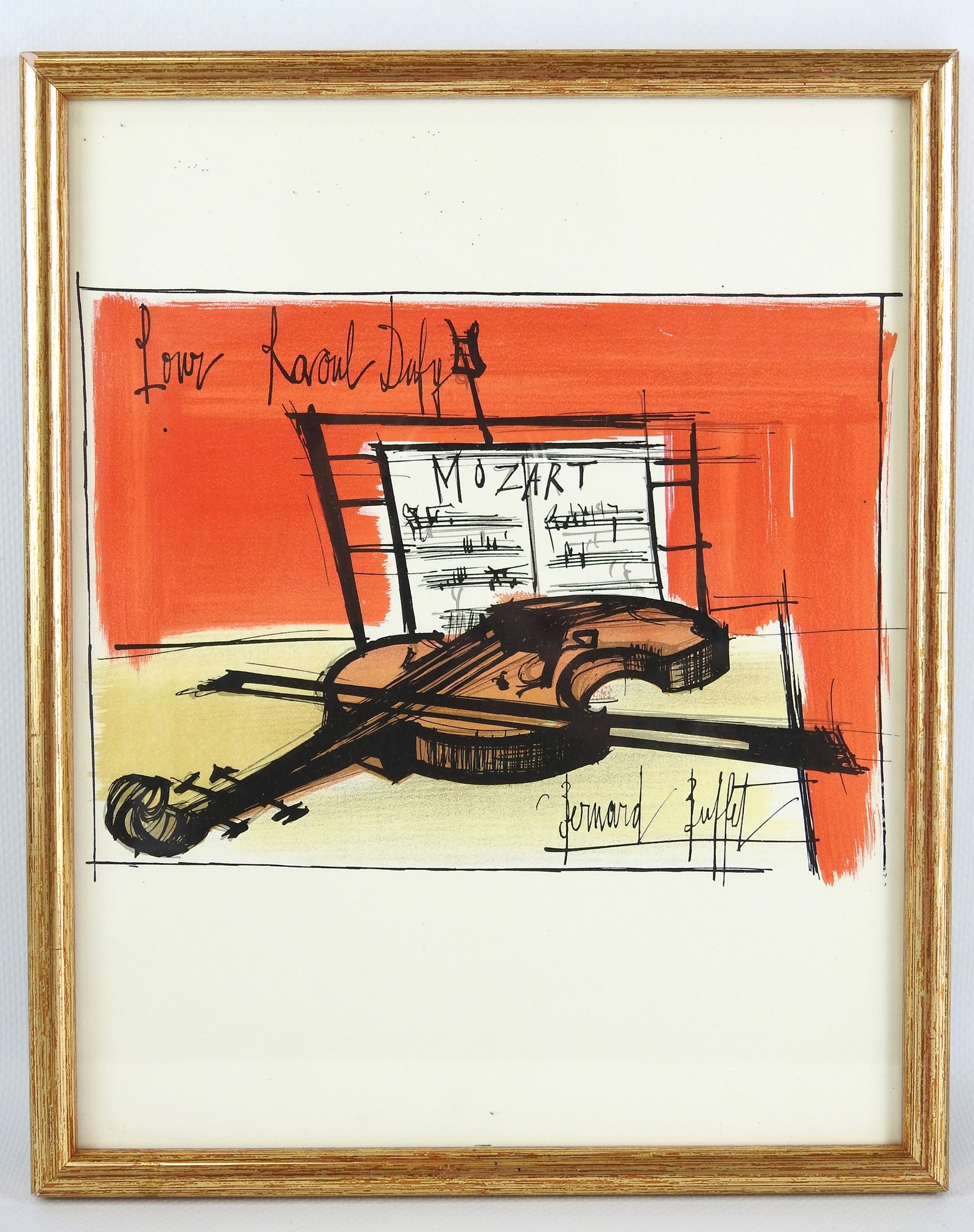Bernard BUFFET (1928-1999) : Nature morte au violon. Lithographie en couleurs. Dim. avec cadre: Bernard BUFFET (1928-1999) : Nature morte au violon. Lithographie en couleurs. Dim. avec cadre 31,5x25,5cm.Lthographie realisee en hommage a Raoul Dufy et imprimee en 1965 dans les ateliers Mourlot