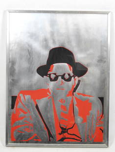 Bernard RANCILLAC (1931-2021) : Autoportrait en parrain. (Pl. de la Suite americaine). 1971.: Bernard RANCILLAC (1931-2021) : Autoportrait en parrain. (Pl. de la Suite americaine). 1971. Serigraphie en couleurs sur fond argent. Signe en bas a droite et numerote en bas a gauche 355/500. Dim. a