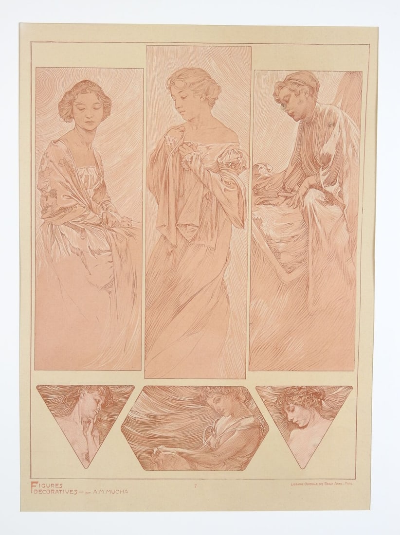 Alphonse MUCHA (1860-1939) : Planche n°7 representant six femmes tirees des Figures decoratives. (1 of 1)