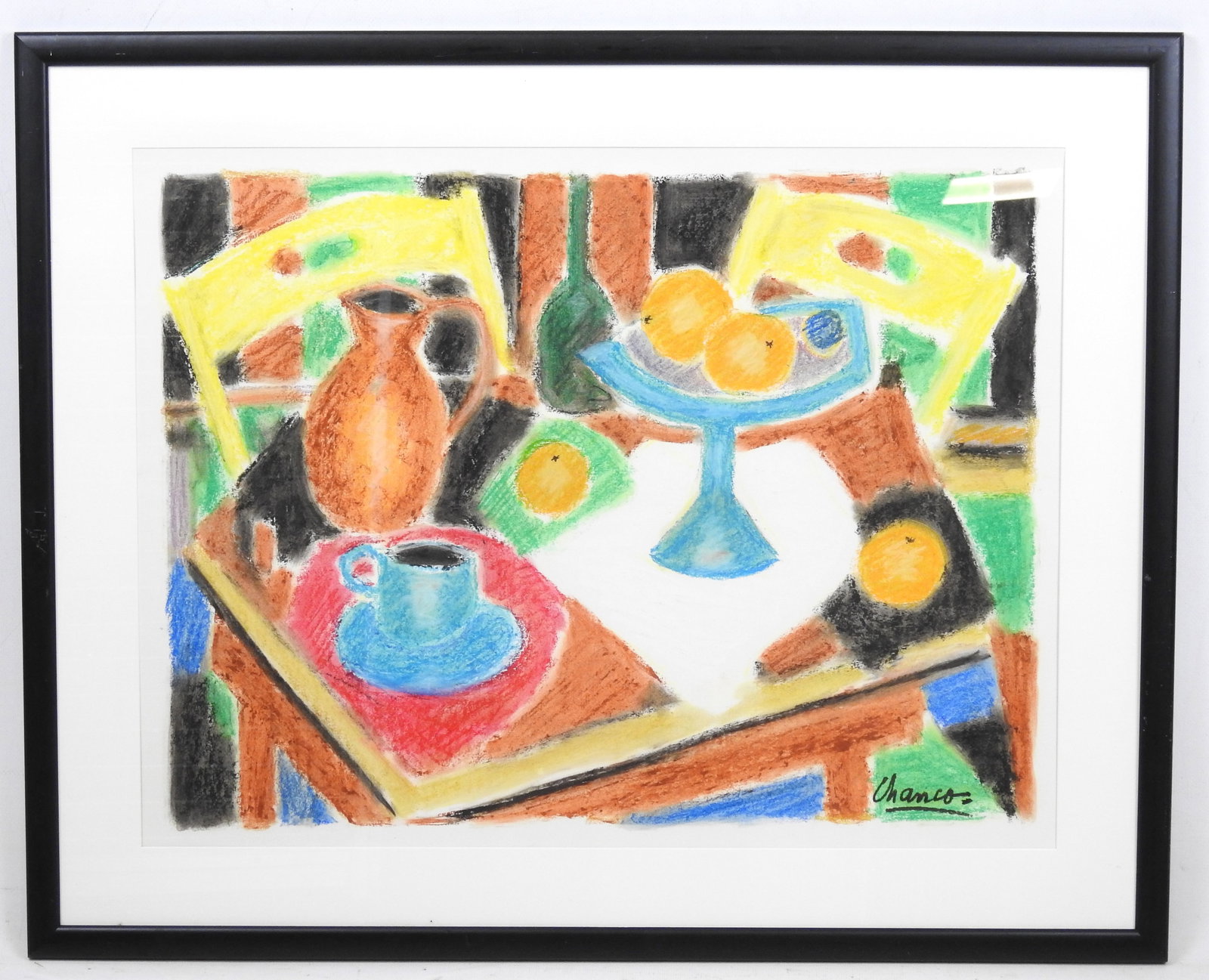 Roland CHANCO (1914-2017) Nature Morte aux Chaises: Roland CHANCO (1914-2017) Nature Morte aux Chaises Jaunes. Dessin en couleur au pastel. Signe en bas a droite. 2002. 48 x 62 cm. Monte en cadre noir sous verre dimensions 63,5cm x 78,5 cm. Bibliograph