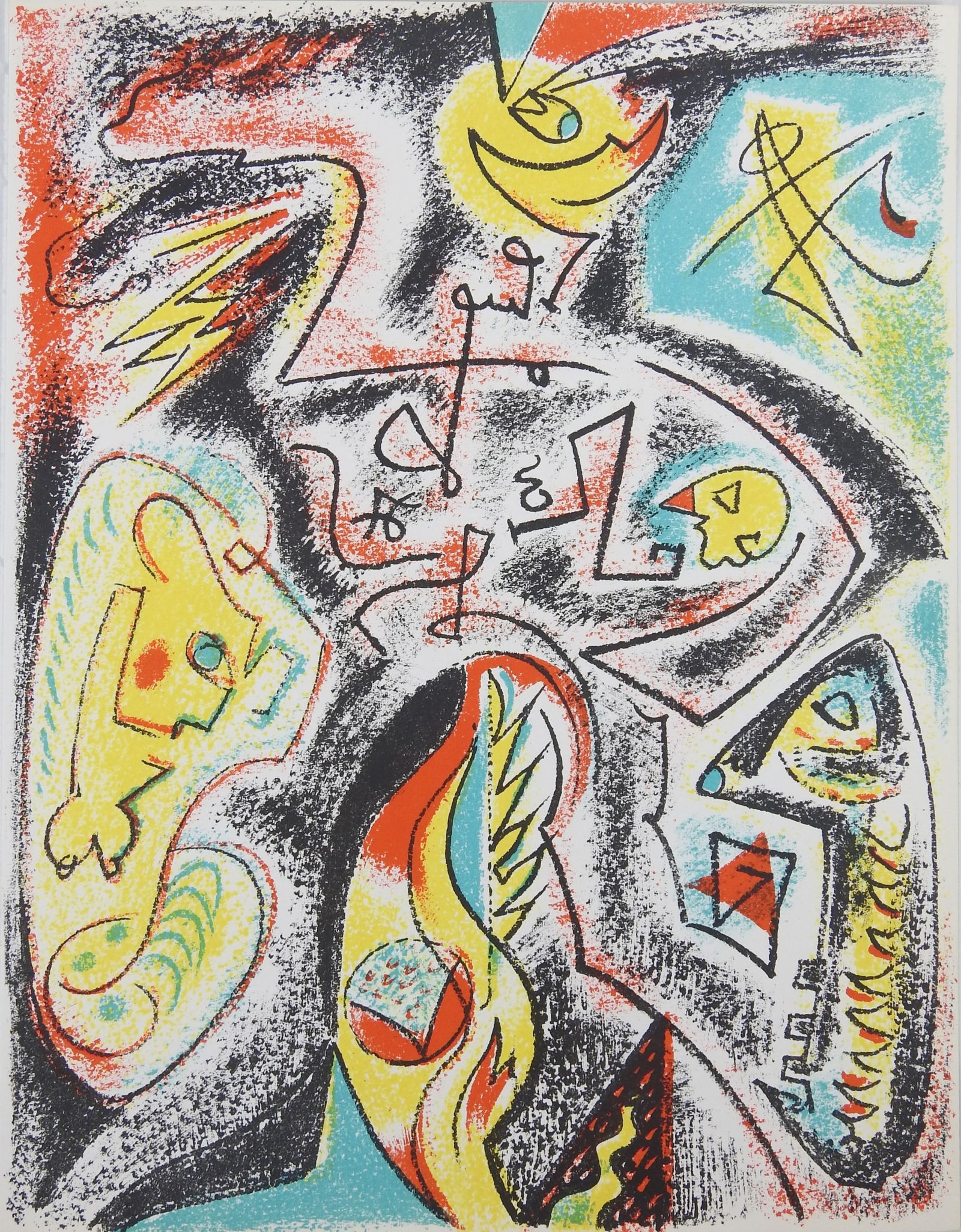 Andre MASSON (1896-1987). Composition. Lithographi: Andre MASSON (1896-1987). Composition. Lithographie en couleur par Mourlot . H.31 cm, L.24 cm. Lithographie originale extraite de la Revue XXe siecle de decembre 1969.