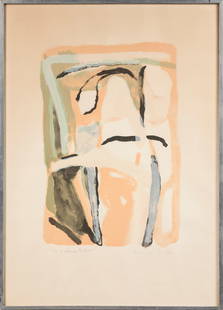 BRAM VAN VELDE (1895-1981) Composition abstraite d: BRAM VAN VELDE (1895-1981)Composition abstraite dans les teintes rose, verte et bleue.Lithographie en couleur.Justifiee 2/50, dedicacee et signee au graphite dans la planche a droite.75,5 x 53,5