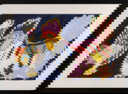 Malcolm de CHAZAL (1902-1981) Poule et coq Gouache: Malcolm de CHAZAL (1902-1981)Poule et coqGouache sur papier et dessin sous-jacent au graphite.Signee en bas a droite49 x 74,5 cm a vuePliure dans la partie inferieure