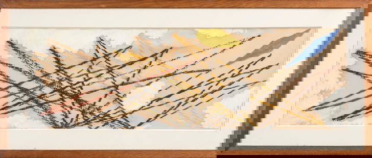 emile GILIOLI (1911-1977) Composition dans les tei: emile GILIOLI (1911-1977)Composition dans les teintes jaune, bleue et blancheFusain et rehauts de gouacheSigne et date 1952 en bas a gauche. Porte une dedicace a Monsieur Mermin31 x 99 cm a vue