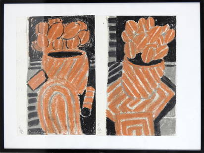 Paul COX (ne en 1957) Vase sur entablement Reunion: Paul COX (ne en 1957)Vase sur entablementReunion de deux feuilles de cahierFusain et pastelAnnote 5/VI et signesDim. totales : 24 x 32 cm